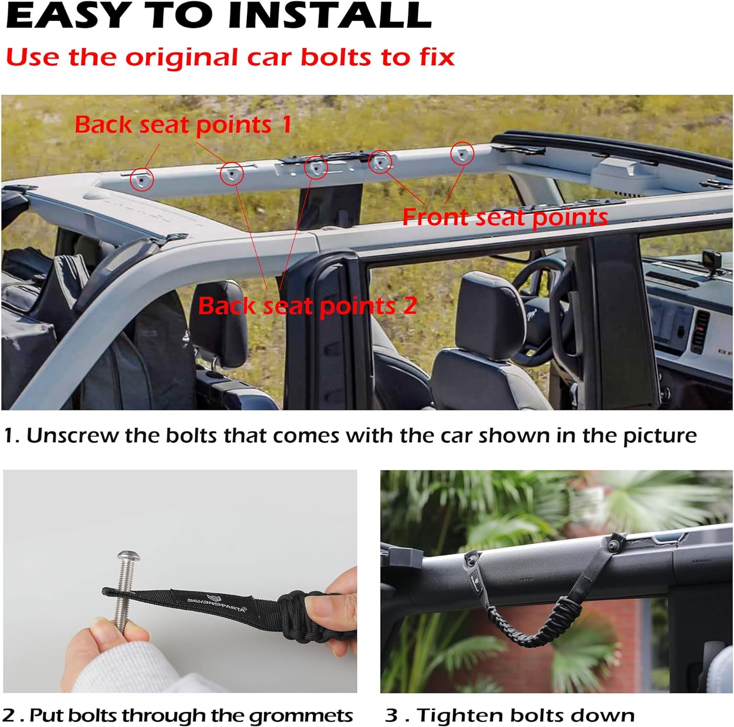 SEVEN SPARTA 4 Pack Roll Bar Grab Handles Compatible with Ford Bronco 2021-2026 2/4 Door, Paracord Grip Handle, Replacement for Bronco Interior Accessories (Not Compatible with Bronco Sport)