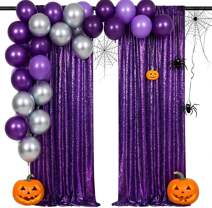 Purple Halloween Backdrop - Sequin Backdrop 2 Pieces 3x8FT Purple Glitter Dra...