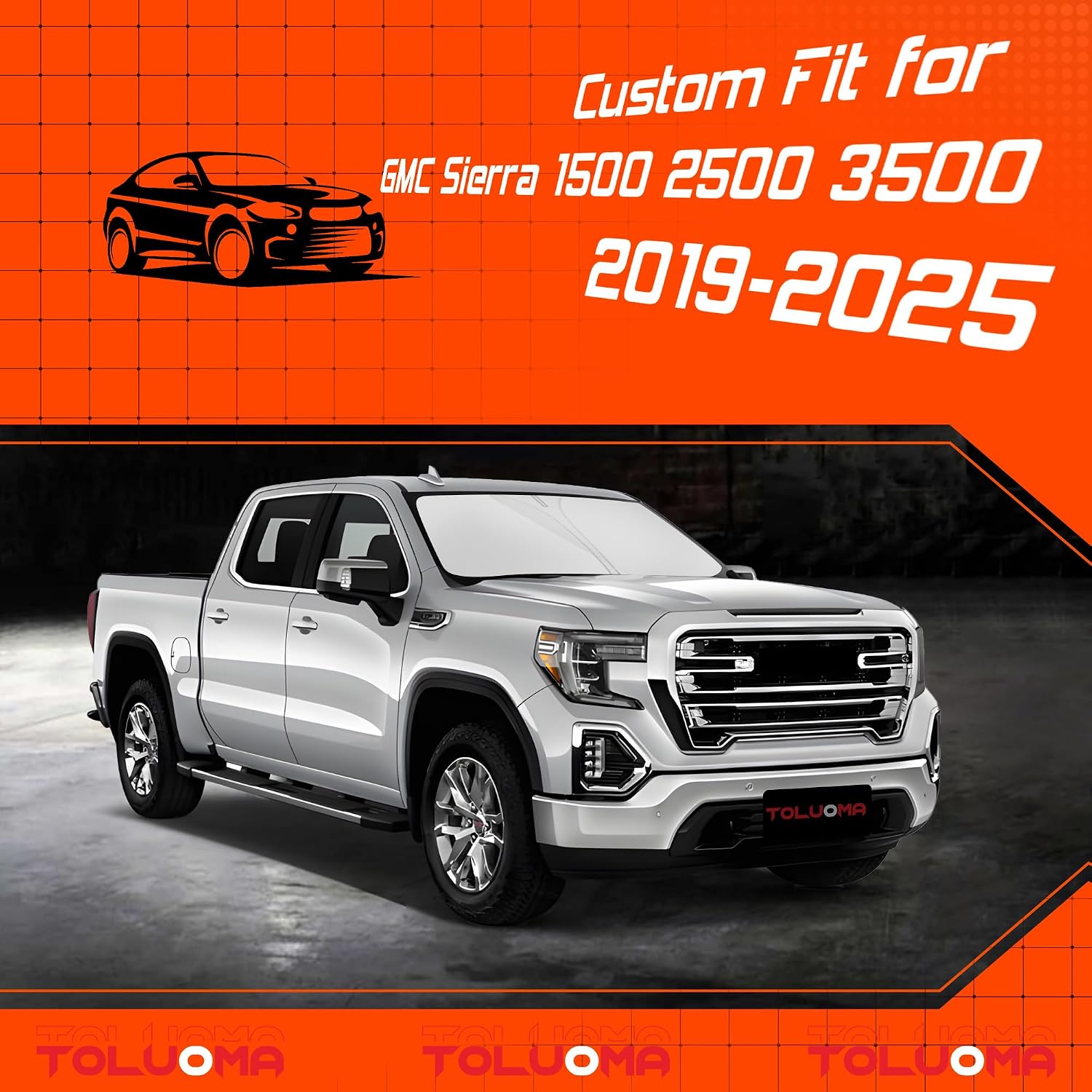 Custom Fit Windshield Sun Shade for GMC Sierra 1500 2500 3500 2019-2025 - Full Coverage, 210T Reflective Fabric, Blocks 99% UV Rays, Keeps Car Cool, Easy to Install and Store