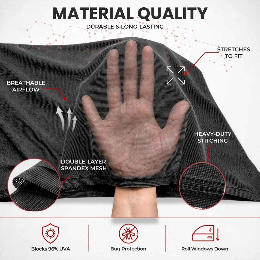 XL/Car Side Window Shades for SUV. 8 Sizes/2 Pack. Stretch-to-Fit Mesh for Rear Windows Up to H:20" x W:46". Sun, Heat & Bugs Protection, Blocks 96% UVA. Camping Windows Screens | Qualizzi®
