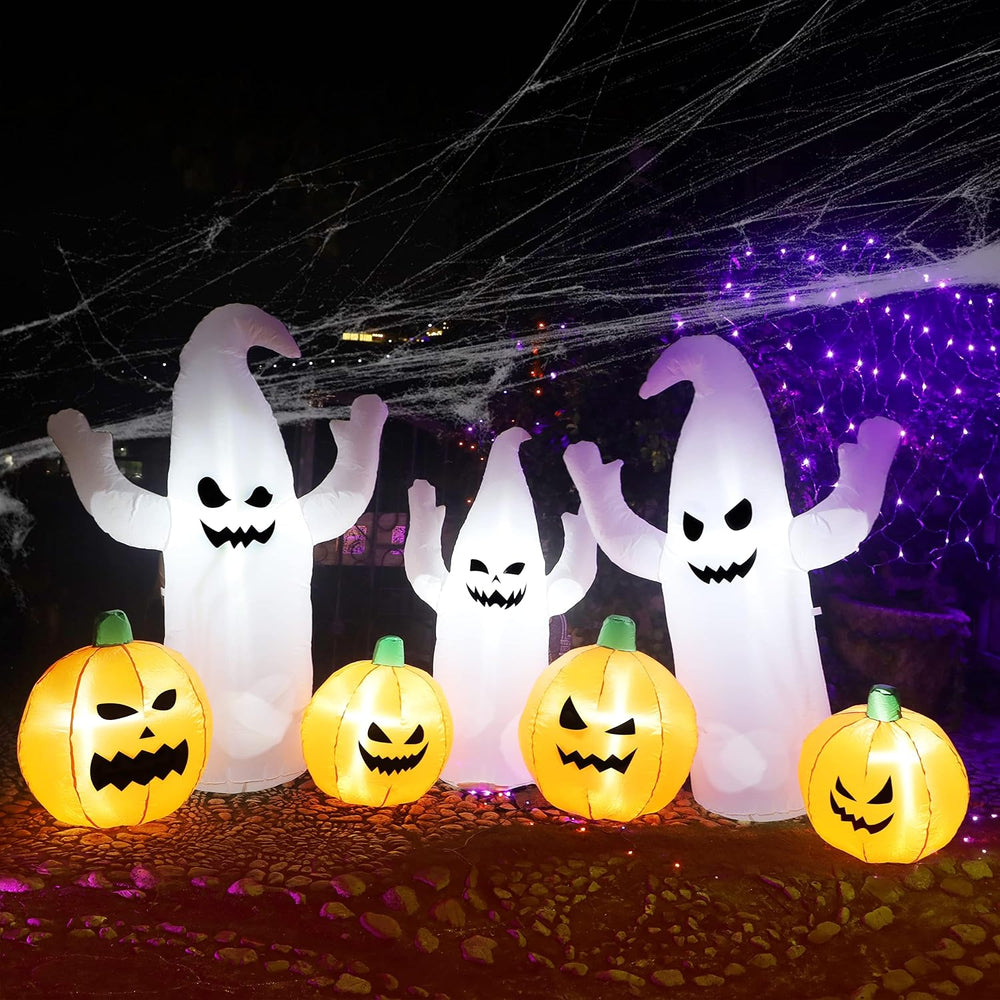SAND MINE 8 FT Long Lighted Halloween Inflatable Ghosts with Pumpkins, Hallow...