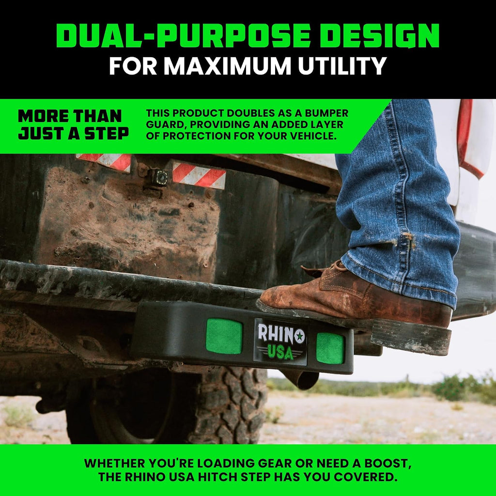 Rhino USA Tow Hitch Step for 2IN Receivers. Anti-Slip Grip, Reflective Material and Bumper Protection Perfect for Trucks, SUV's and More - Locking Trailer Hitch Pin Included! - Black