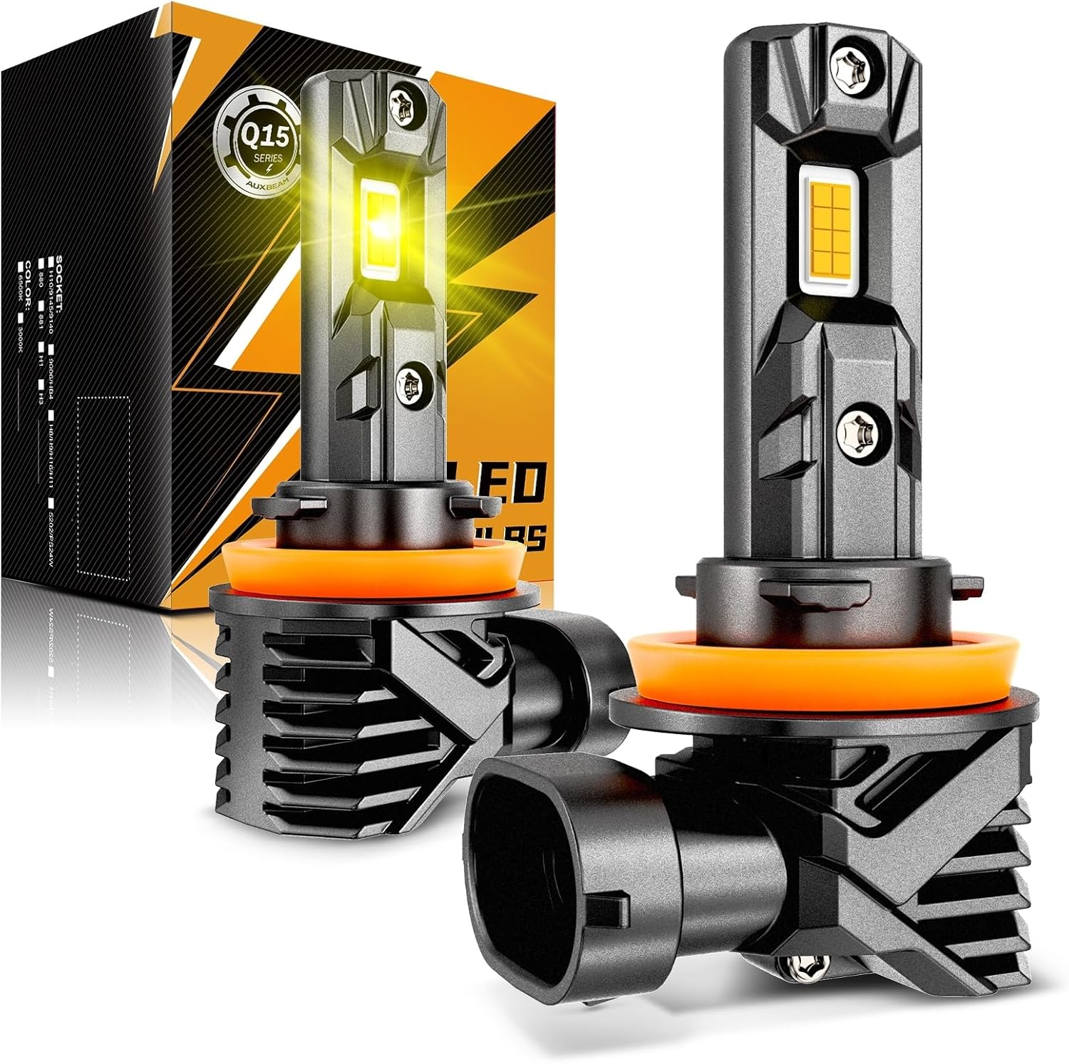 Auxbeam H11 H8 H9 Fog Light, Q15 Series H11 Powersports Light, 18000LM 3000K Golden Yellow H8 Offroad Lights for UTV ATV
