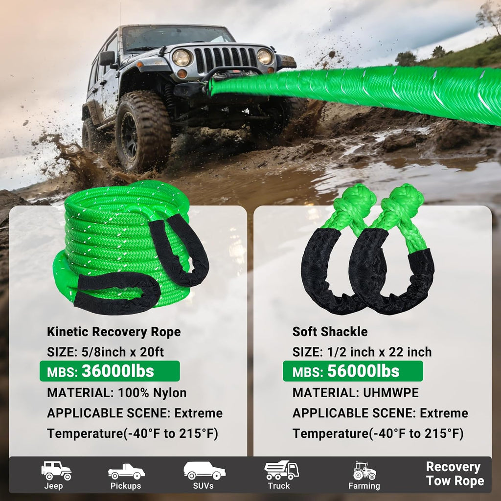 Kinetic Recovery Tow Rope 5/8" x 20ft Tow Strap 36000lbs Snatch Strap with 2Pcs Soft Shackles 56000lbs Break Strength Heavy Duty Kinetic Towing Rope for Truck ATV UTV Offroad Recovery Rope Kit