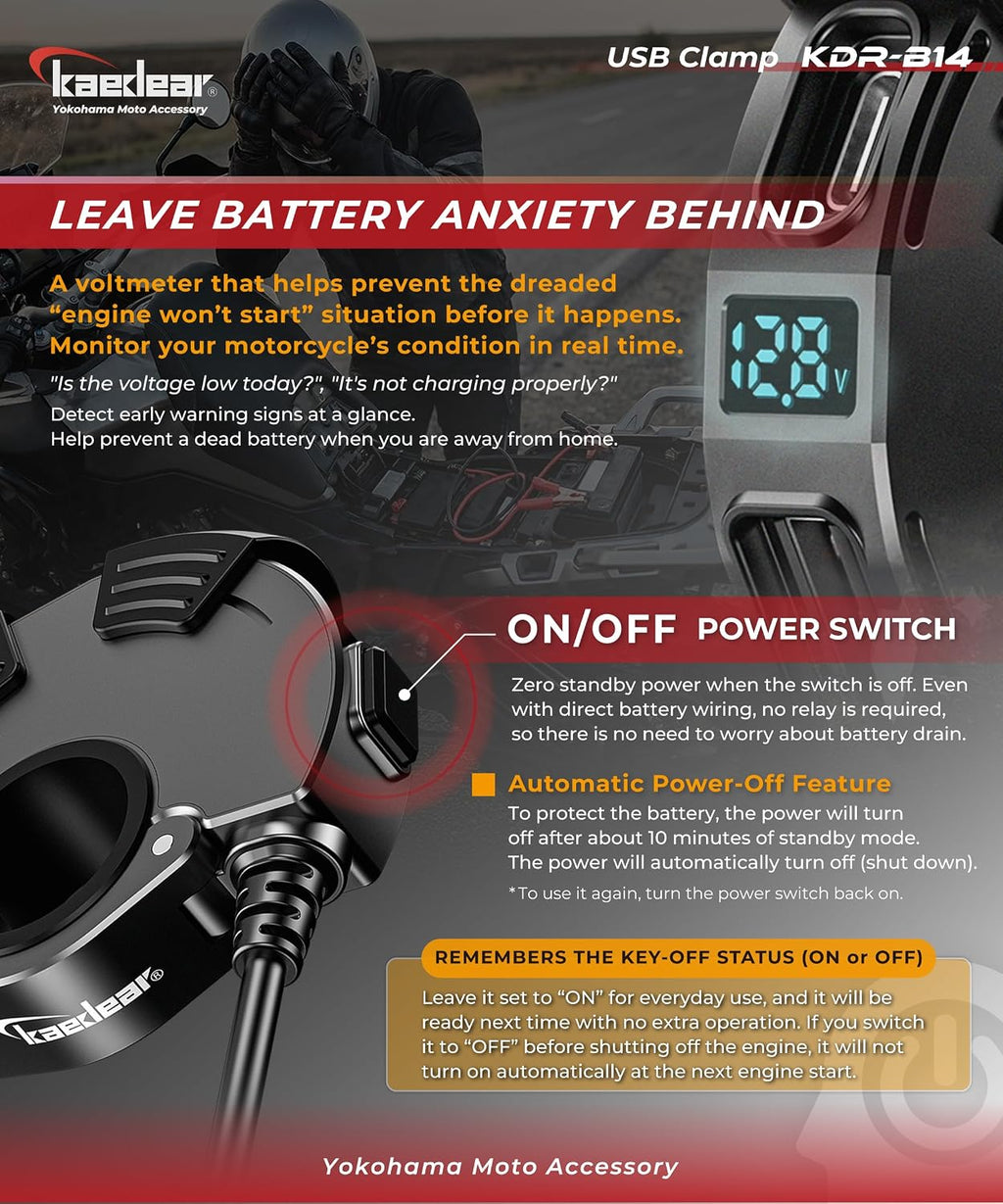 Kaedear Motorcycle USB Power Supply, USB, Waterproof, Charging, Type A/C 2 Ports, SAE Patent, Slide Type Cap, Output, PD (30 W)/QC3.0 (18 W), Integrated Adapter, SAE Connector, DC12 V US-KDR-B14