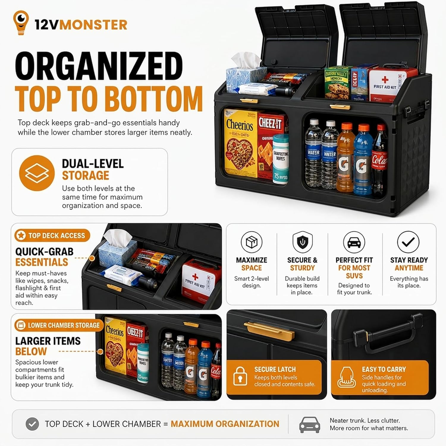 Hard Shell Trunk Organizer for SUV, Foldable Car Storage Box with 2 Compartments, Collapsible Cargo Organizer with Lid & Side Handles for Road Trips, Shoes, Groceries, Sports Gear, Garage Storage