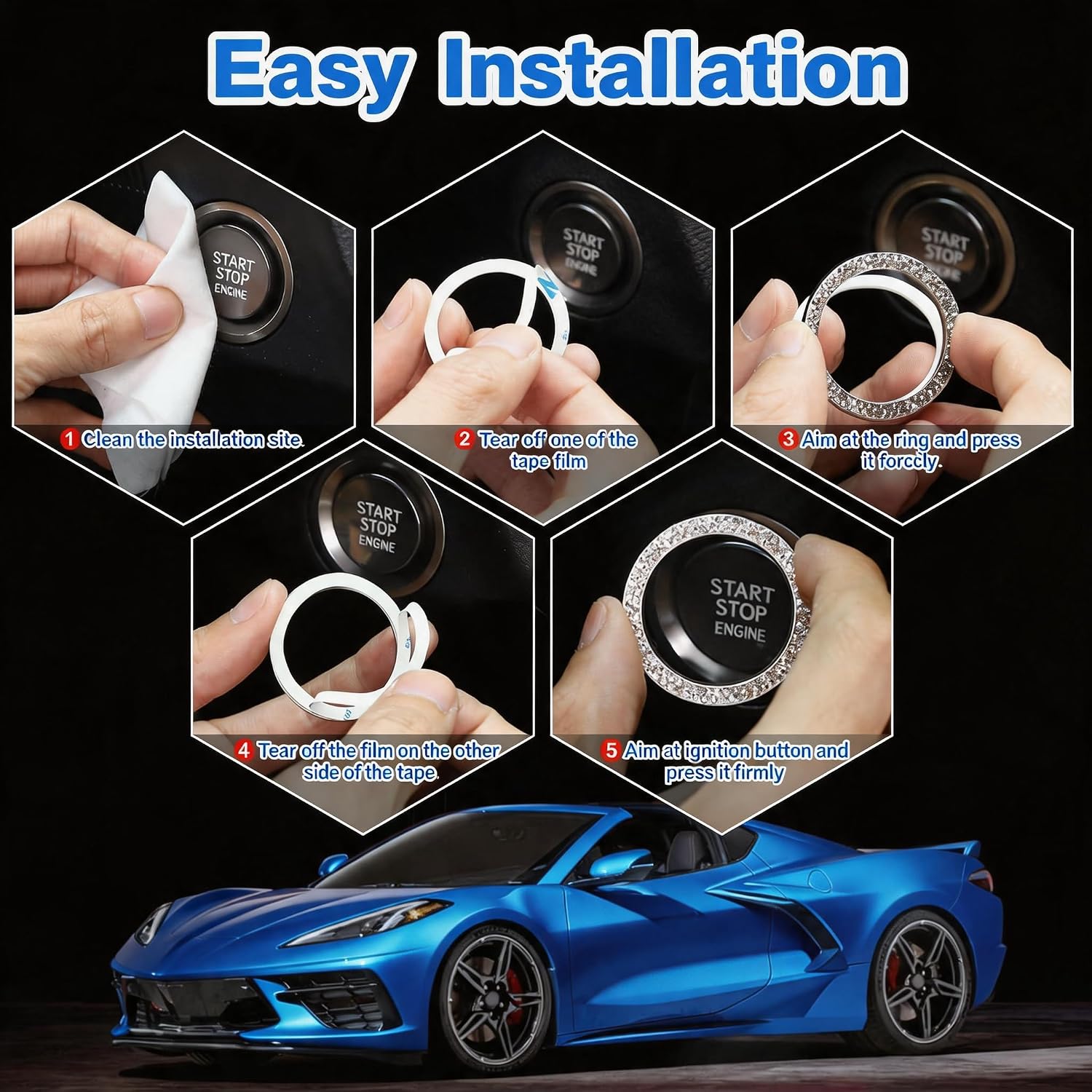 2PCS Crystal Rhinestone Car Engine Start Decoration Ring, Push to Start Button Cover Stickers, Combinatorial Bling Car Interior Accessories for Women (Double row - Silver)