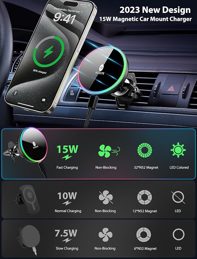 MOKPR for Magsafe Car Mount Charger-15W Wireless Car Charger-Magnetic Car Phone - Image 8