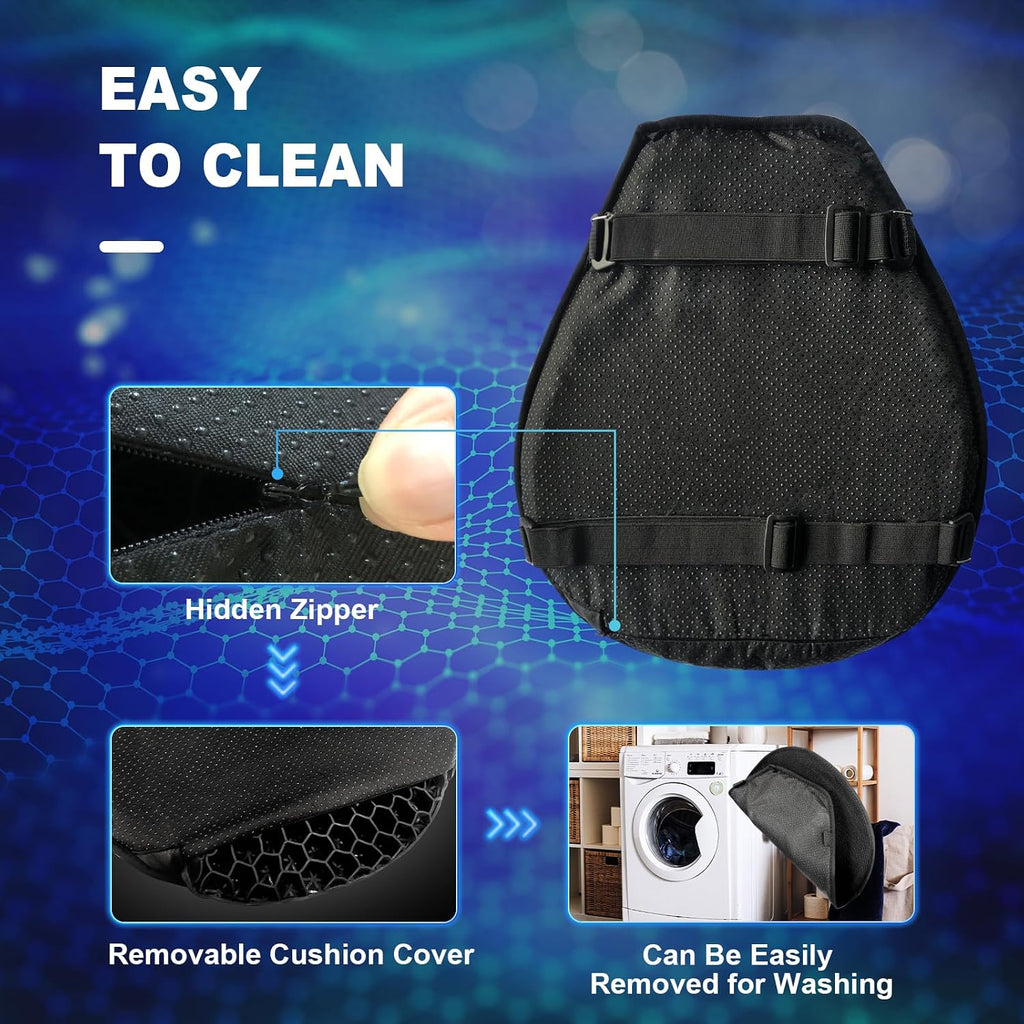 Motorcycle Seat Cushion, 3D Honeycomb Gel Pad, Pressure Relief Shock Absorption, Breathable Non-Slip Universal Cover for Long Ride, Fits Cruiser Street Touring Bike (Four Seasons)