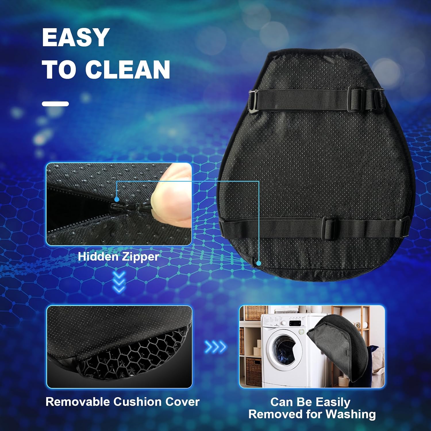 Motorcycle Seat Cushion, 3D Honeycomb Gel Pad, Pressure Relief Shock Absorption, Breathable Non-Slip Universal Cover for Long Ride, Fits Cruiser Street Touring Bike (Four Seasons)