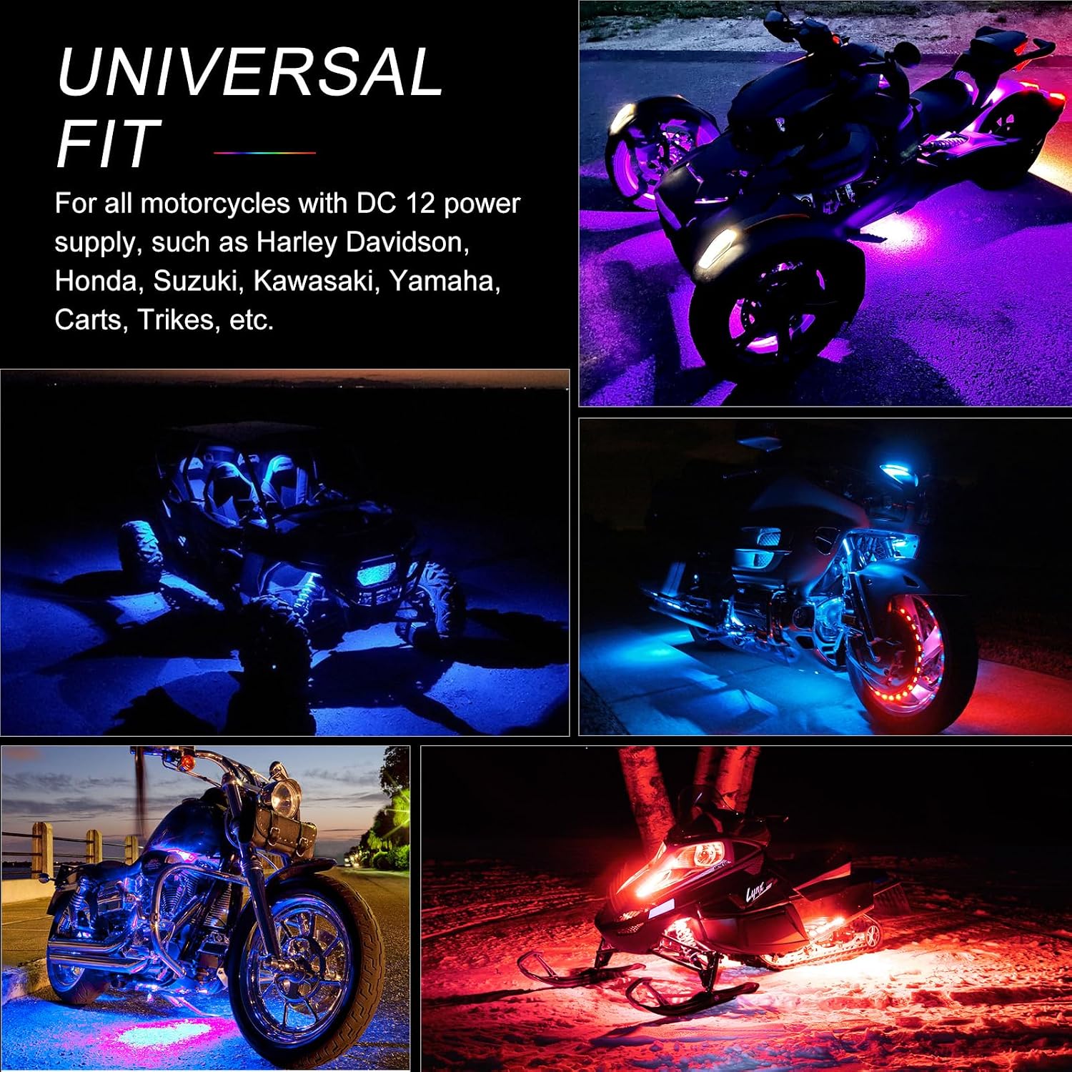 Motorcycle LED Underglow Kit, ICICAR 12 Pcs APP Control RGB Chasing Mode 16 Million Color Dual Remote Music Mode IP68 Waterproof Led Lights, Motorcycle Lights with Power Switch