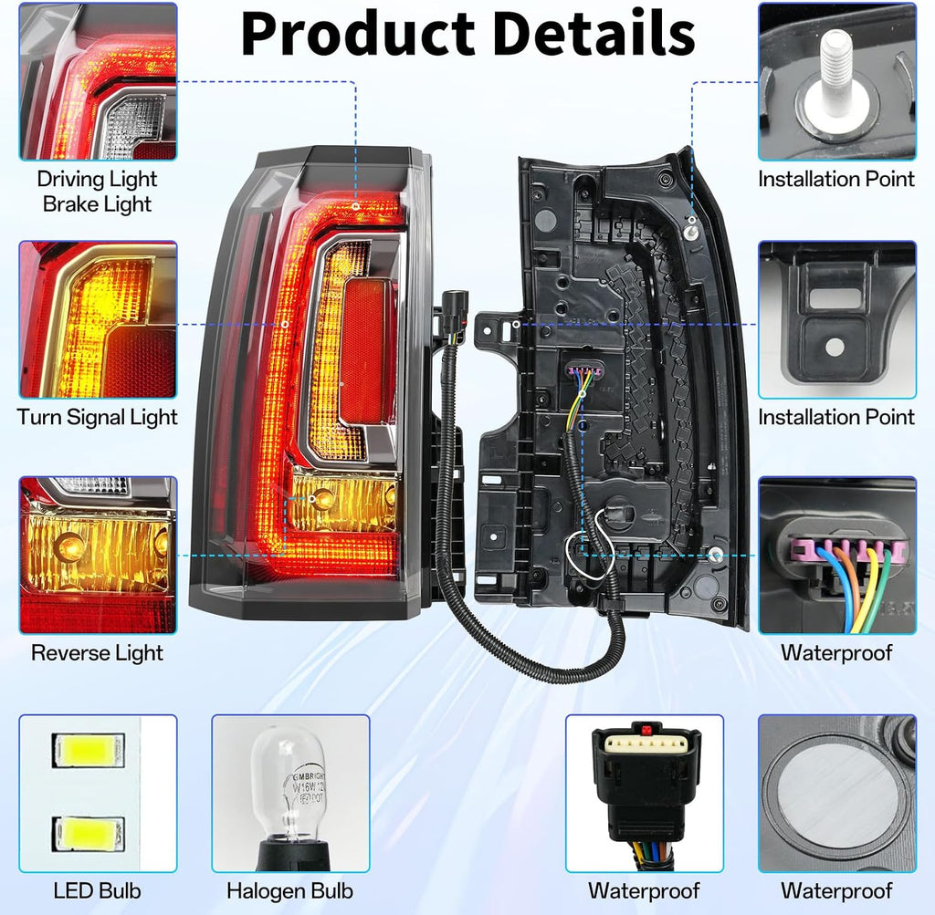 Pair LED Taillight Replacement for 2015-2020 GMC Yukon/Yukon XL Denali SLE SLT, Automotive Rear Light Assembly with Bulbs and Harness - OE Style Tail Lights Kit