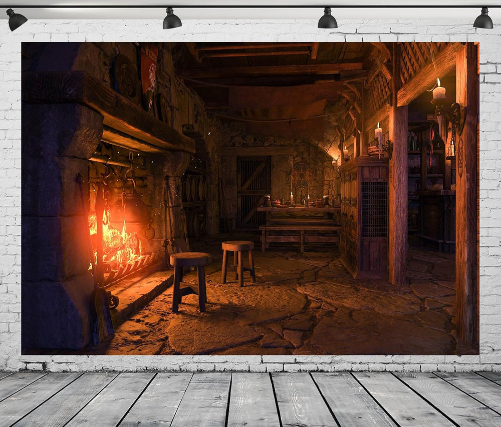 12x8ft Fabric Medieval Tavern Backdrop for Photography Burning Fireplace and ...