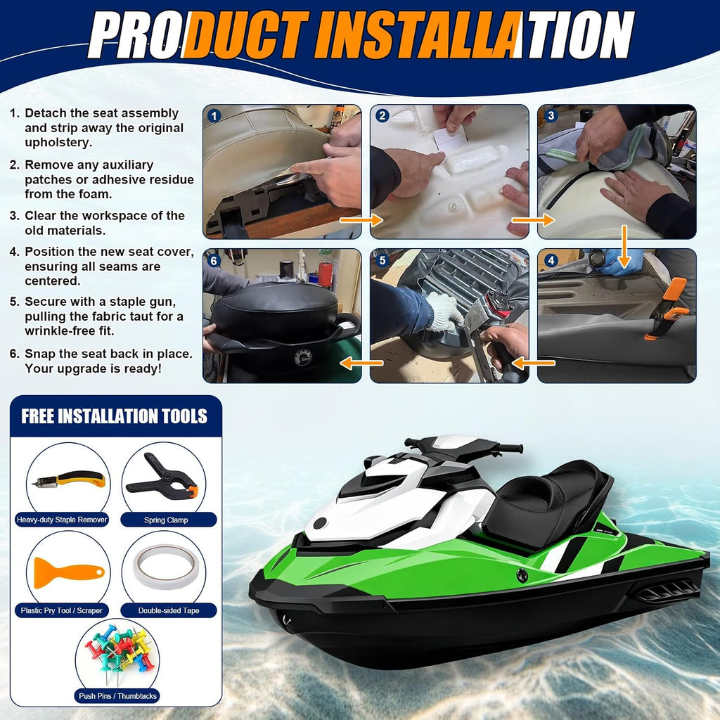 Seat Cover Replacement for 11-18 SeaDoo GTI/GTS/Wake 130/Rental/155 | 3-Layer Custom Fit Faux Leather: Waterproof, Filter Inner, Tough Base. Staple Install (Basic Setup Accessories Kit Included)