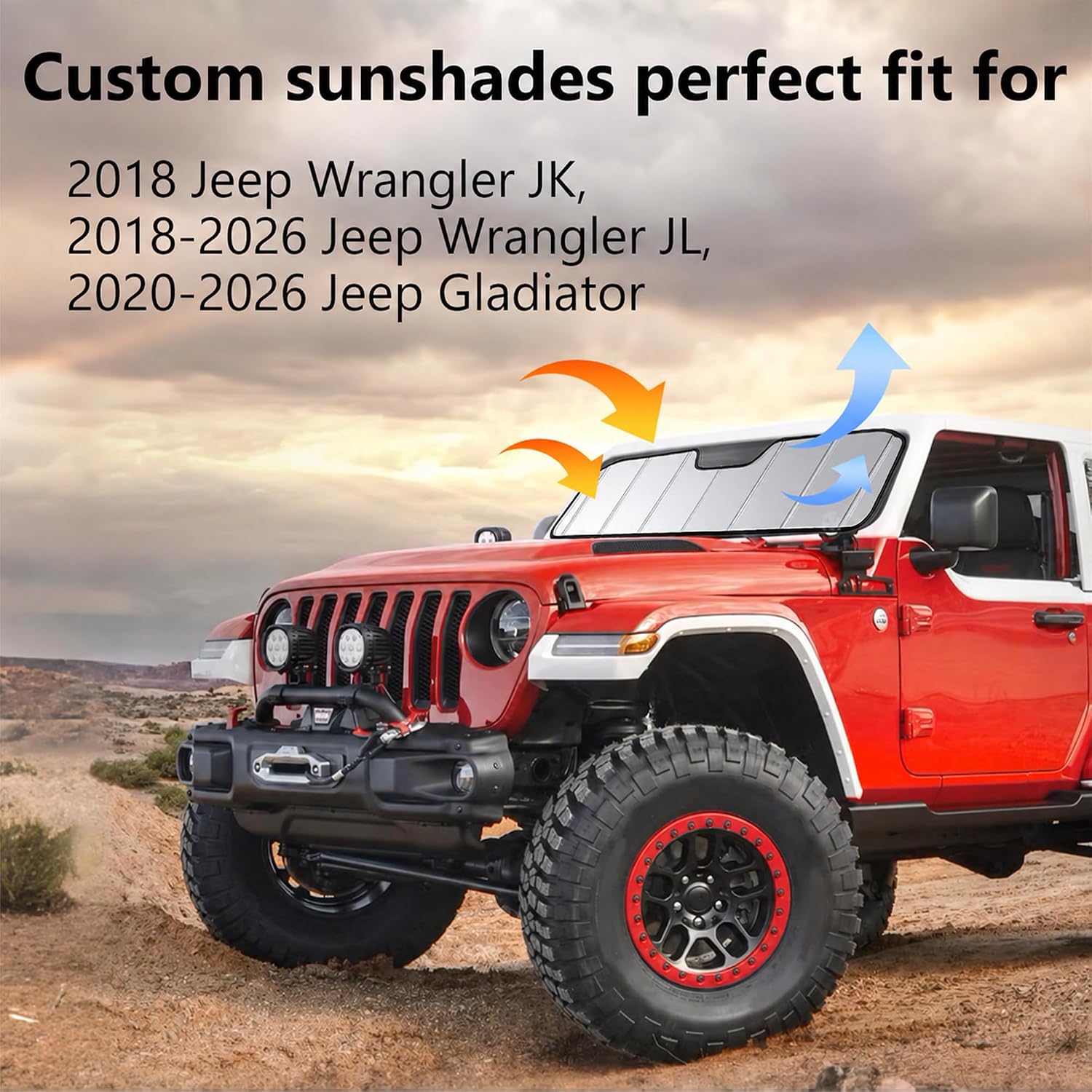 Windshield Sun Shade Compatible with Jeep 2018-2026 Wrangler JL,2020-2026 Gladiator Custom-fit Foldable Sun Visor Window Sunshade with Storage Bag
