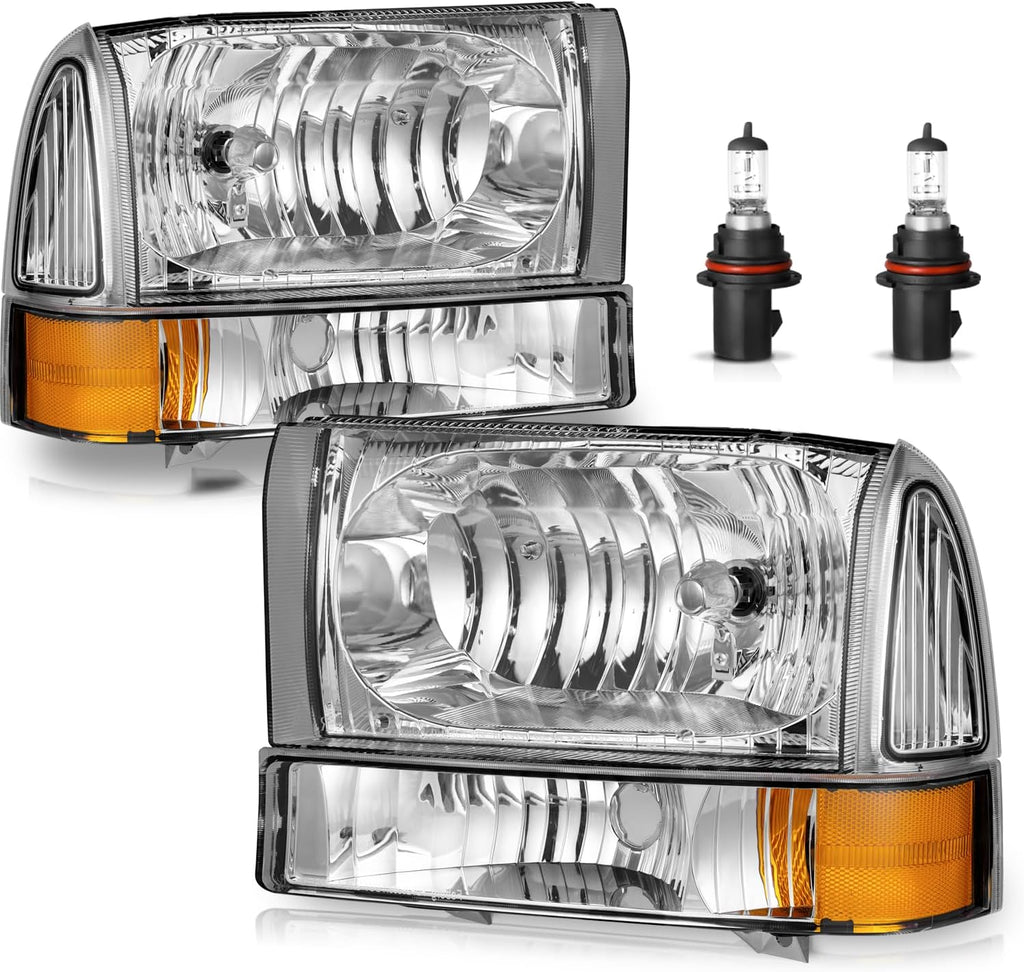 Headlight Assembly W/Bulbs for 1999-2004 Ford Super Duty F250 F350 F450 F550,00-04 Ford Excursion Headlamp Replacement with Bumper Signal Corner Light (NOT FOR SEALED BEAM MODELS) Pair Set