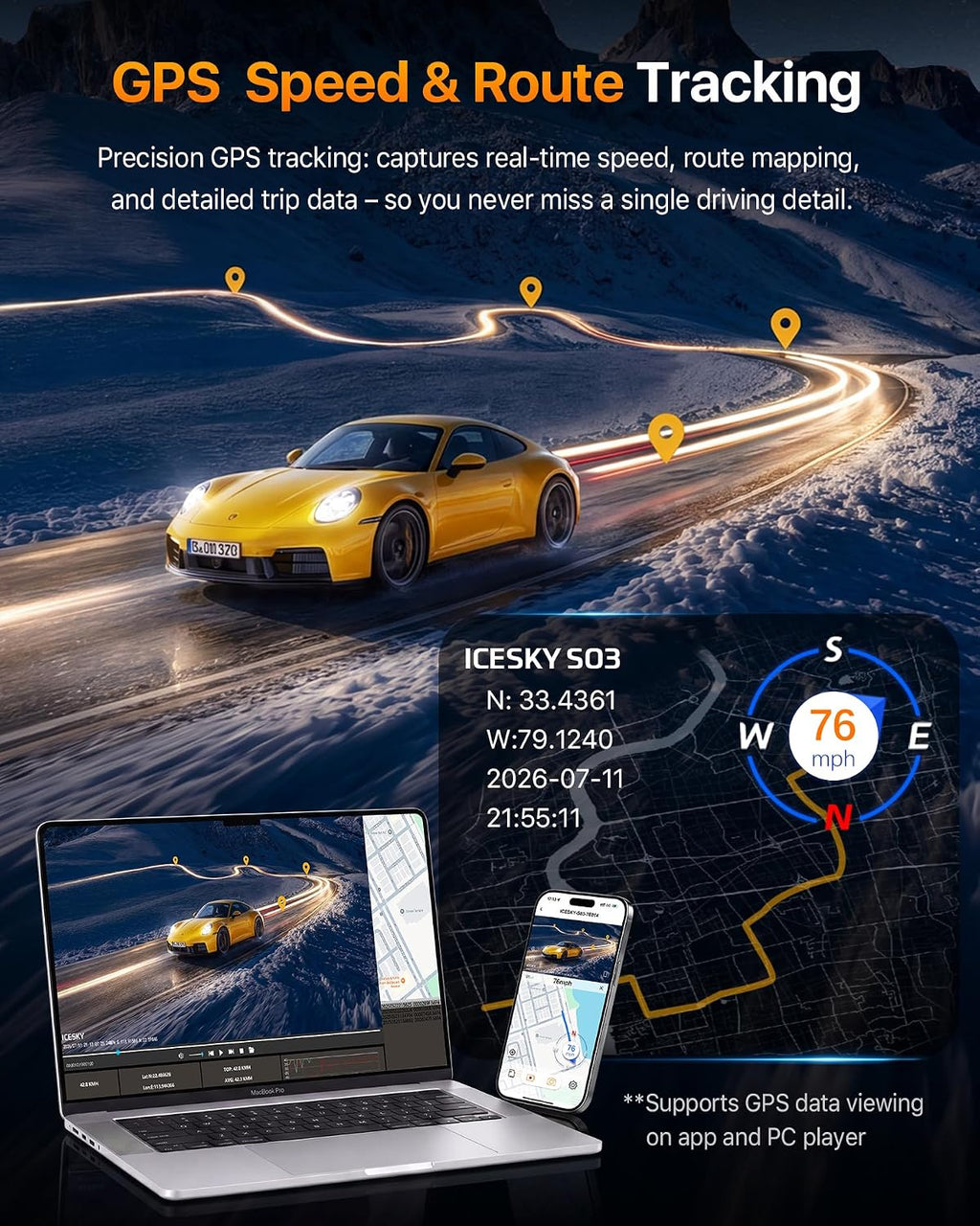 icesky 4k dash cam front and rear left showing dimensions
