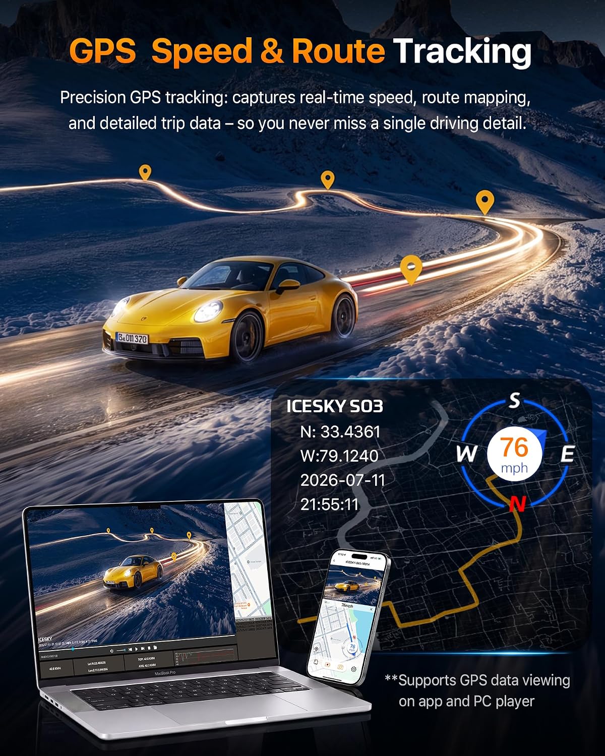 icesky 4k dash cam front and rear left showing dimensions