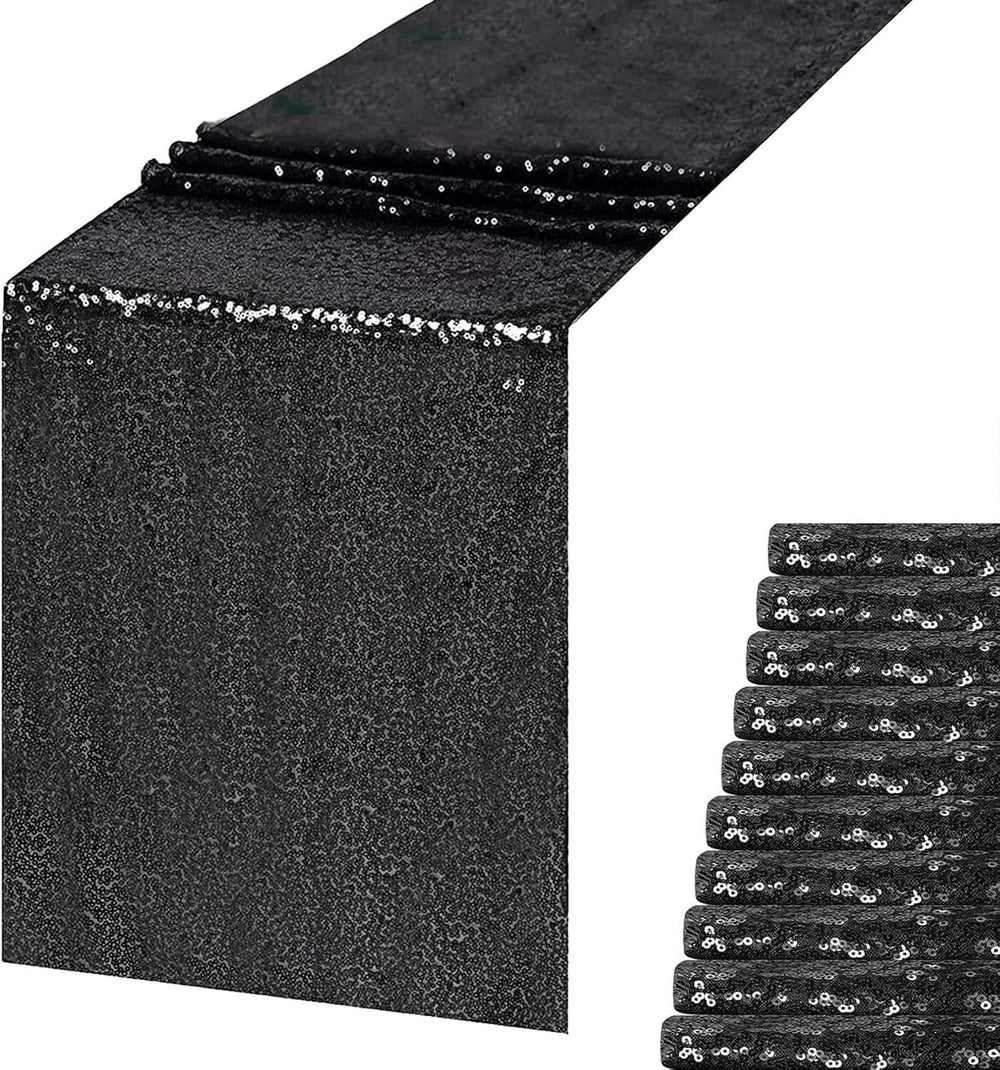 Sequin Table Runner, Black, 12x108 inch, 10 Pack for Halloween