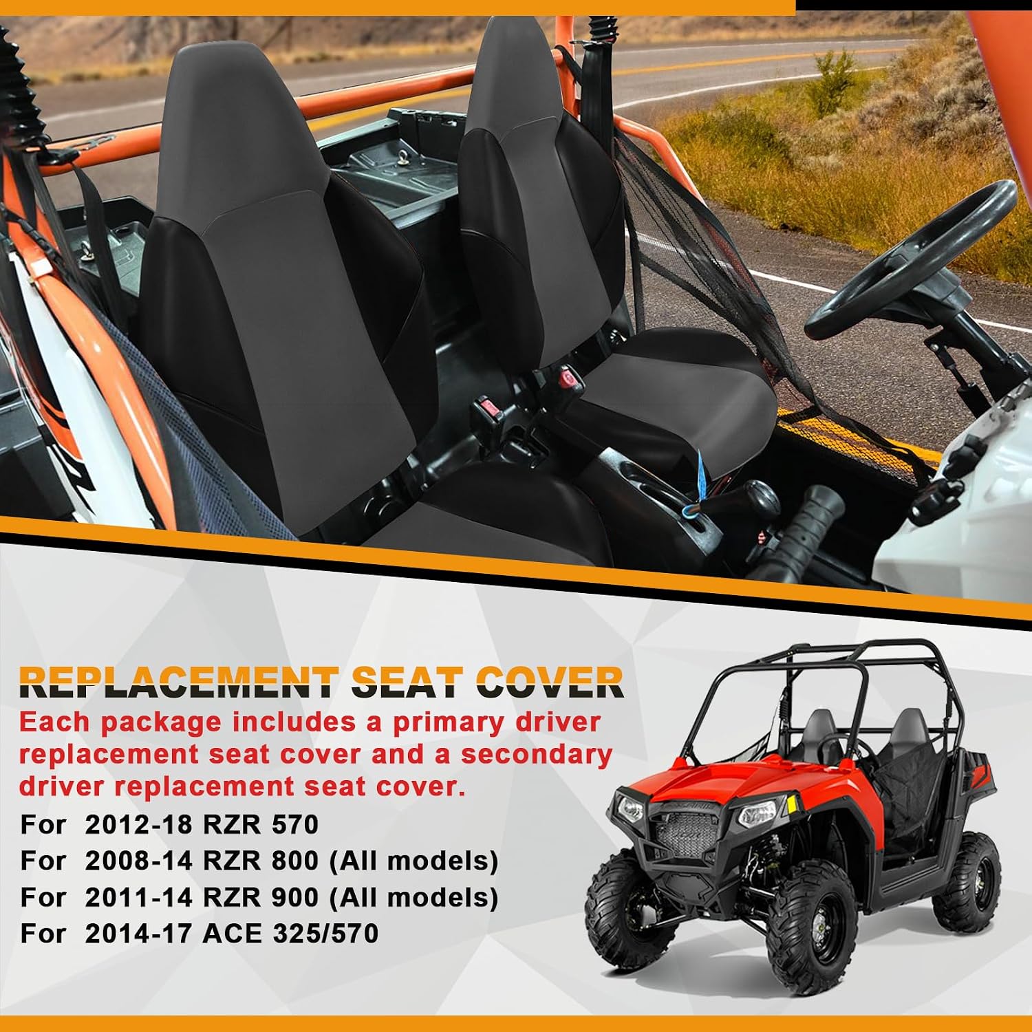 Seat Cover Replacement for 2012-2018 Polaris RZR 570,2008-2014 Polaris RZR 800, 2011-2014 Polaris RZR 900, Black and Gray, 2pcs