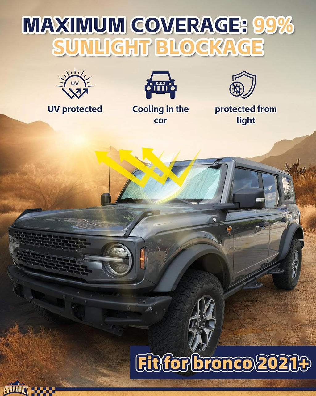 Custom Fit Windshield Sun Shade Fit for Ford Bronco 2021-2025 Foldable Front Sunshade Interior Protector, Complete Light & UV Blocking