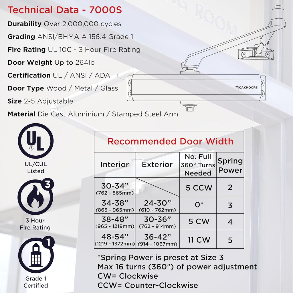 medium duty commercial door closer, automatic self closing, front angle view