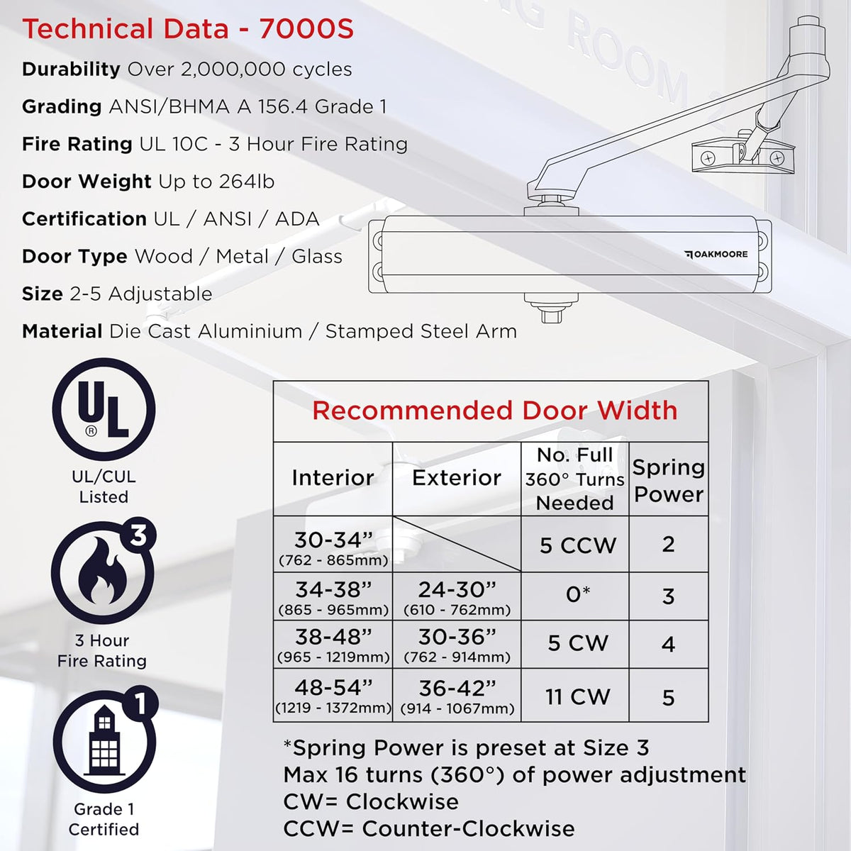 medium duty commercial door closer, automatic self closing, front angle view