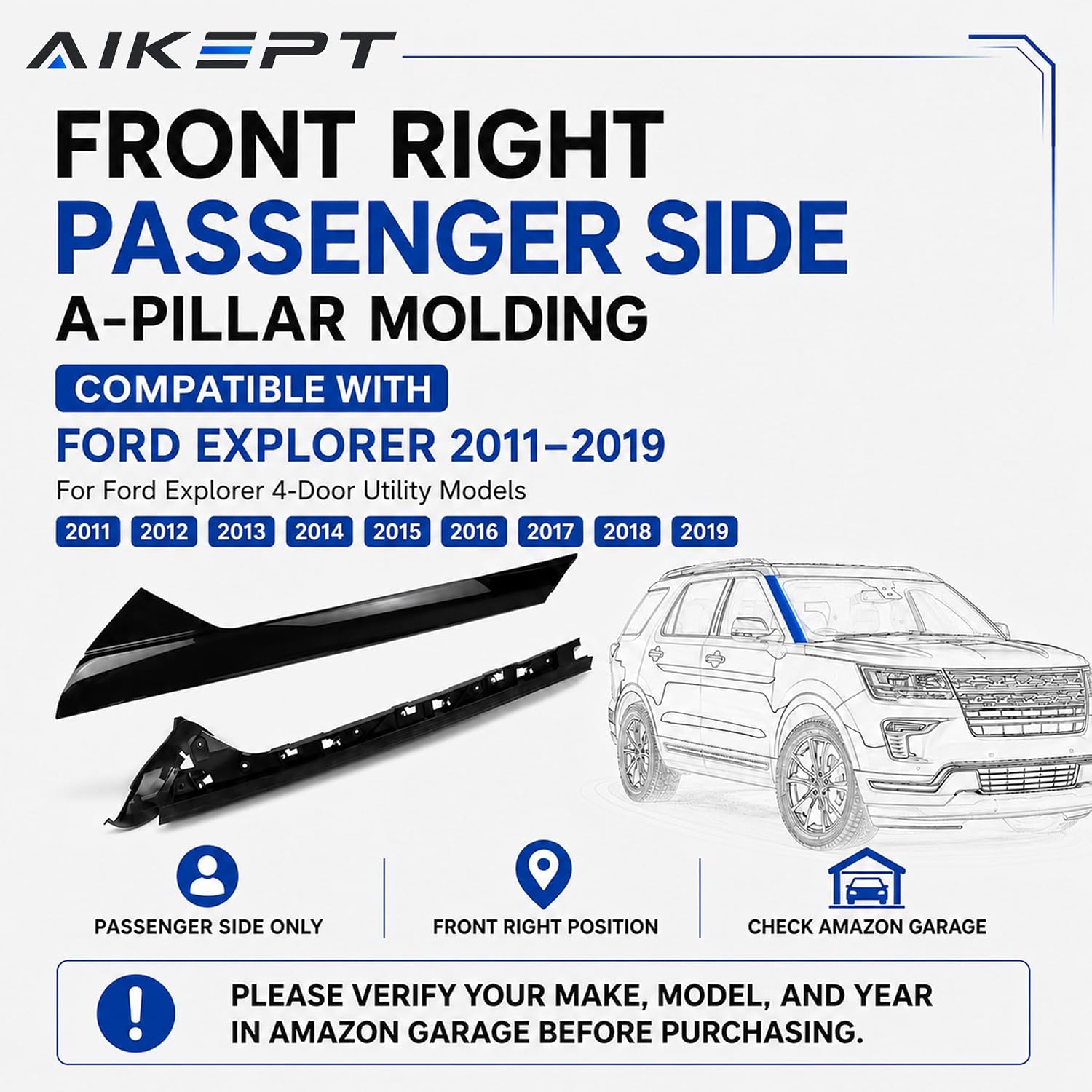 Right Passenger Side Windshield A-Pillar Molding Trim, Outer Cover Compatible with 2011-2019 Ford Explorer, Replaces 926-451 BB5Z-7803136-AA BB5Z7803136BA