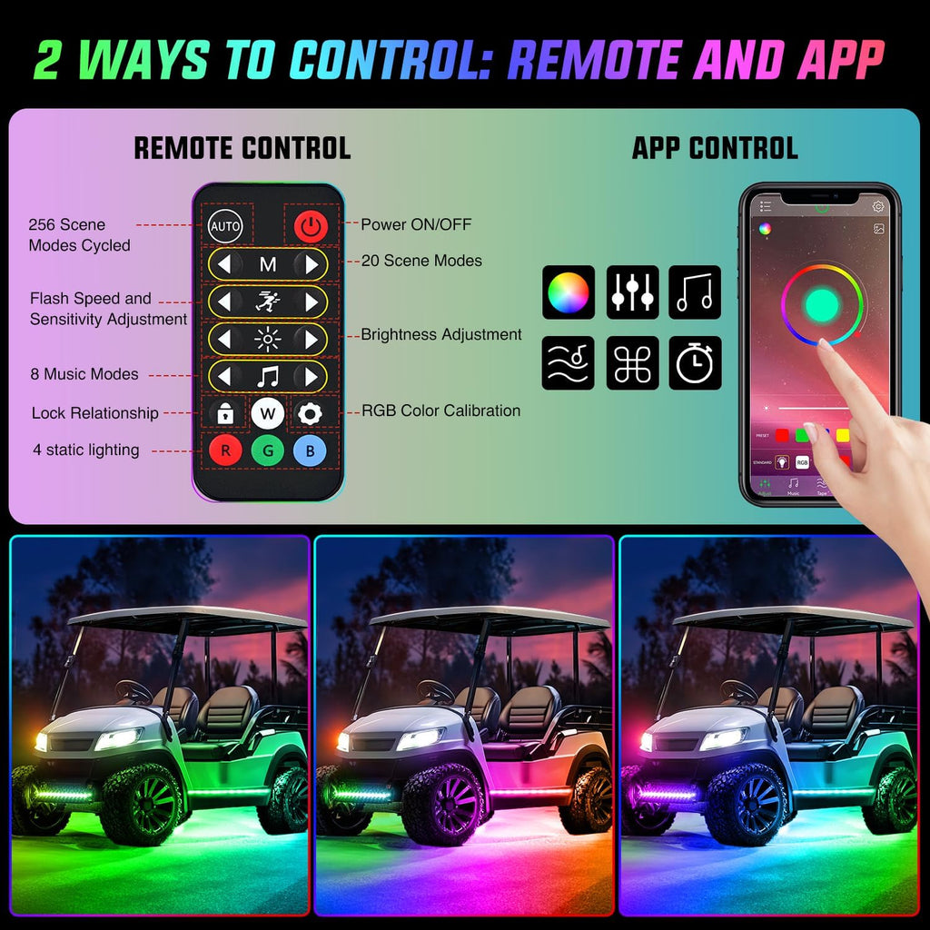 Nilight 4PCS Golf Cart Underglow LED Light Strip Dream Color Multi-Mode Neon Accent Lighting Kit APP and Remote Control Sound Active Music Sync IP67 Waterproof 12V-66V Input for EZGO Yamaha Club Car