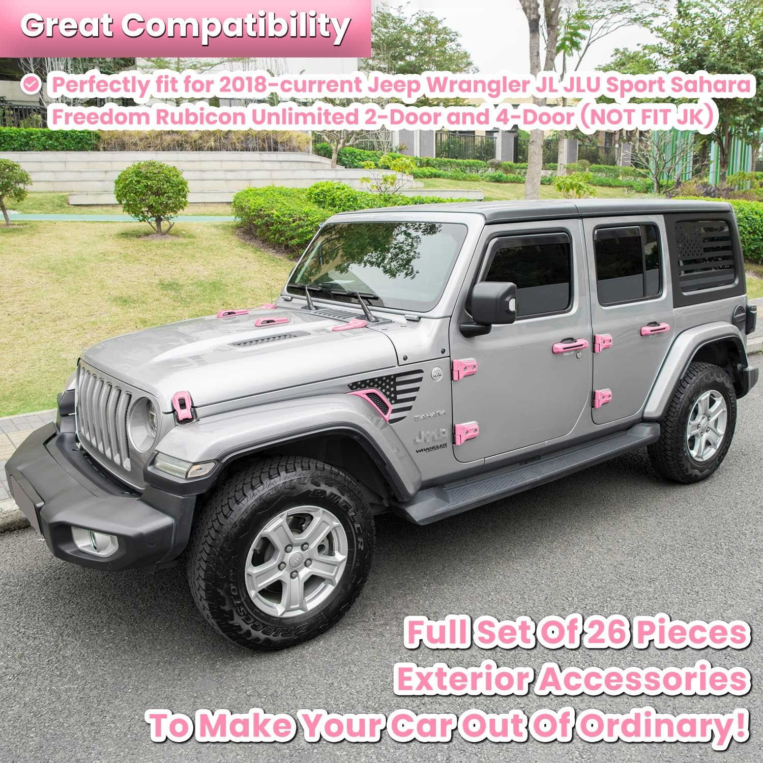 26PCS Full Set Exterior Decoration Trim Kit for Jeep Wrangler JL JLU 2018-2023 Door Hinge Handle Engine Hood Hinge Hood Latch Wheel Eyebrow Side Air Outlet Rear Tailgate Window Hinge Cover (Pink)