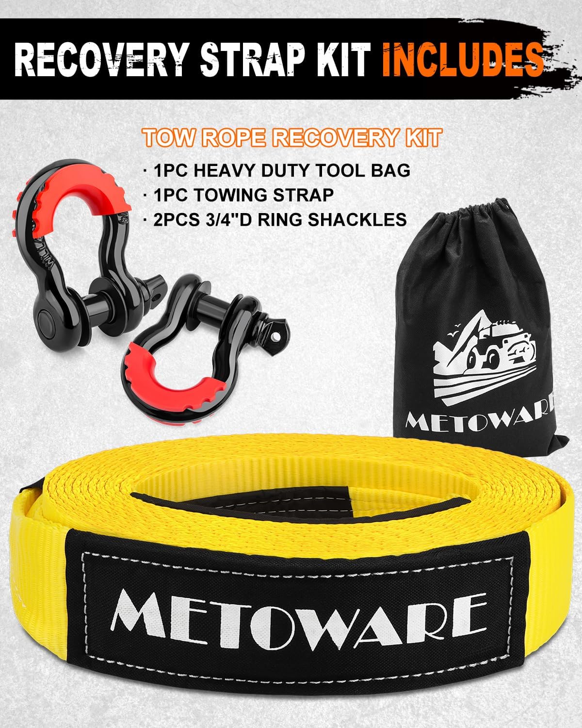 METOWARE Heavy Duty Tow Strap Recovery Kit - 3" x 20ft(35,000lbs) Tree Saver Winch Strap + 3/4" D Ring Shackles(2pcs) + Storage Bag - Truck, SUV, ATV Off Road Towing Strap Kit