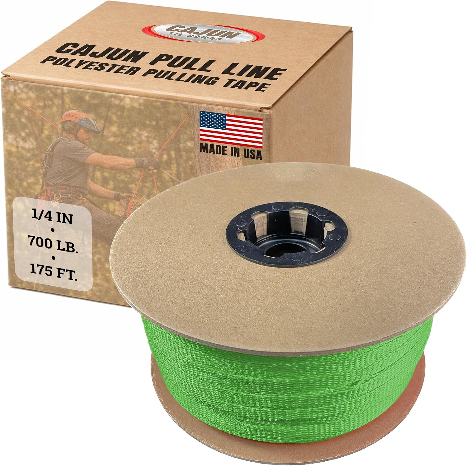 Cajun Tie Downs Pull Line — 1/4 Inch, 700 lb, Flat Polyester Pulling Tape, Conduit Wire Pulling, Made in USA, Neon Green, 175 ft