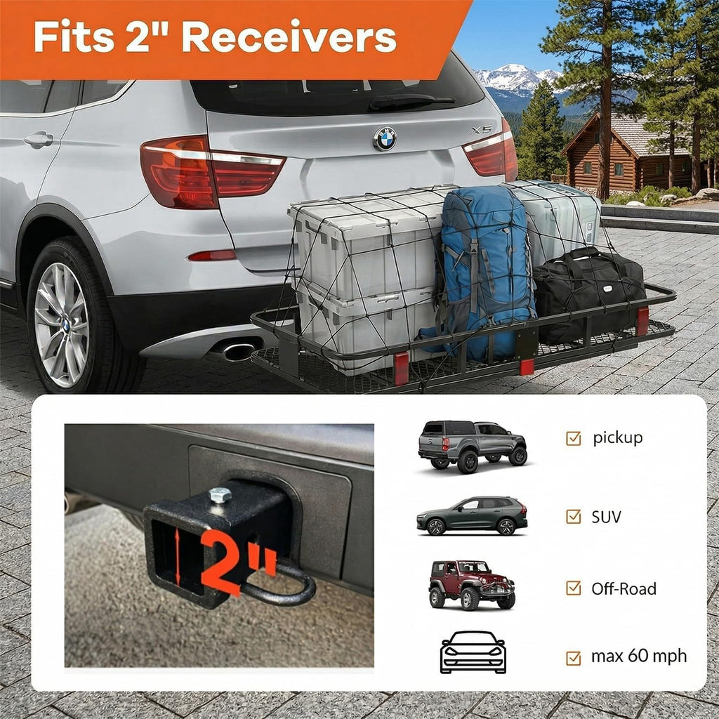 XXL Hitch Cargo Carrier with Waterproof Bag, 70" x 30" x 6" Galvanized Steel Basket and 68" x 28" x 33" Bag, 500 lb Capacity, Raised Shank,Fits 2" Receiver for SUV Truck Van Car