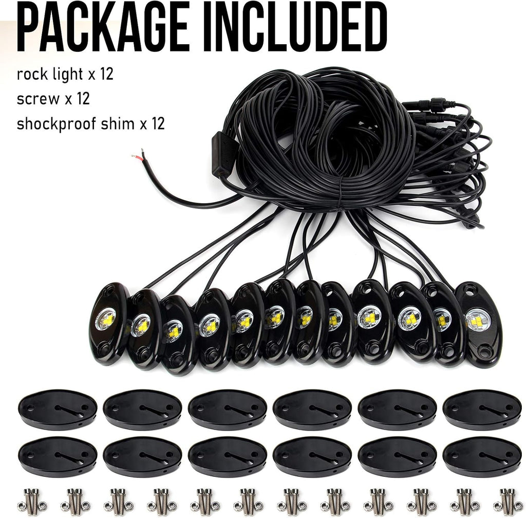 OPP ULITE White LED Rock Lights Kit, 12 Pods Underglow for Jeep Offroad Truck Car ATV SUV Boat Motorcycle Vehicle Under Body Glow Lamp Trail Fender Lighting (12pods Rock W)