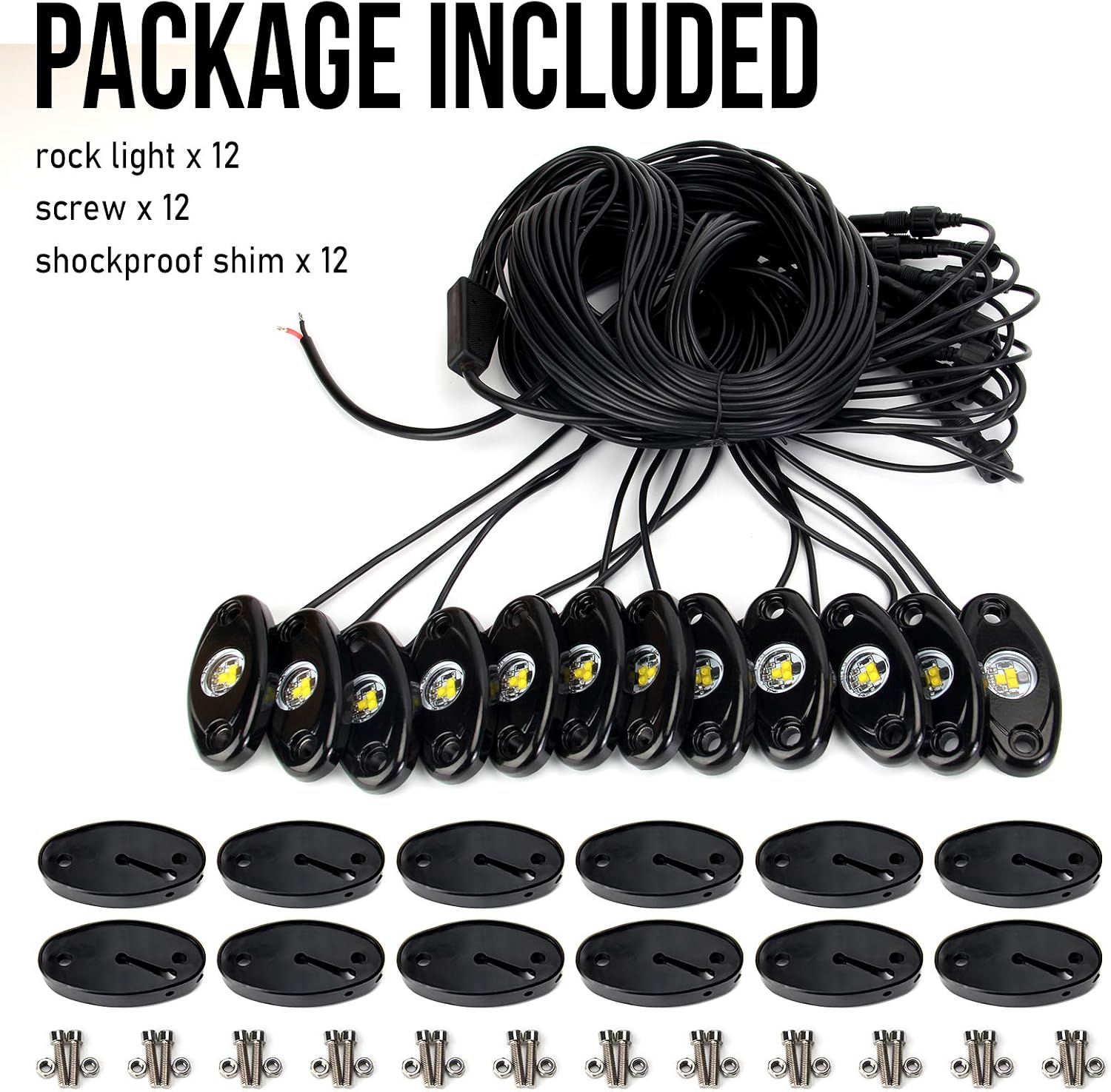 OPP ULITE White LED Rock Lights Kit, 12 Pods Underglow for Jeep Offroad Truck Car ATV SUV Boat Motorcycle Vehicle Under Body Glow Lamp Trail Fender Lighting (12pods Rock W)