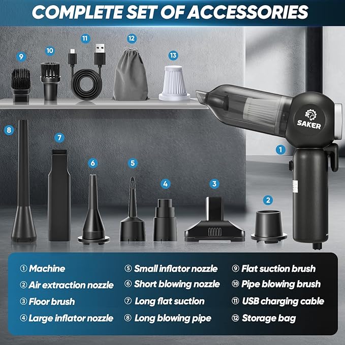 Saker Portable Car Vacuum Cordless 20000Pa 6 in 1 Multifunctional Adjustable