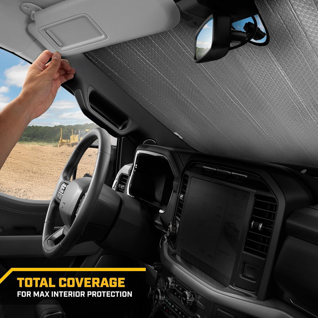 CAT Auto Shade for Trucks – Jumbo 65"x27" Accordion Folding Sunshade with Bold Yellow Tire Tracks Design – Heavy-Duty Windshield Cover for Maximum UV Protection & Interior Cooling