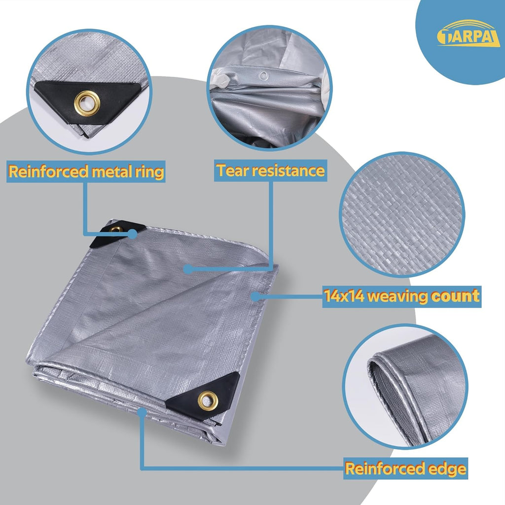 TARPAL 10x16 tarp,Heavy Duty Tarp 14mil Silver Reflective Tarps Waterproof with Grommets and Reinforced Edges UV Protection,Tear Resistant for Firewood,RV,Boat,Roof,Car,Camping