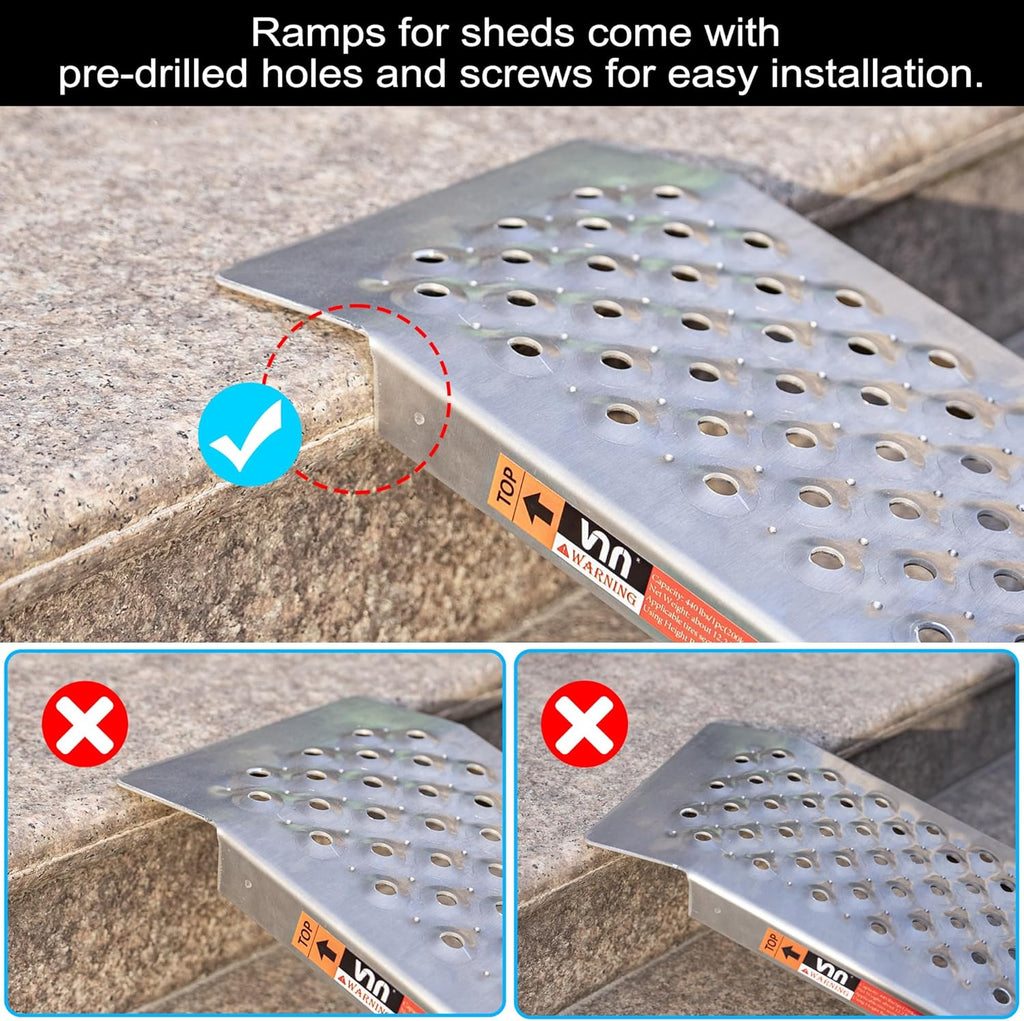 VNN Aluminum Shed Ramp 2PCS - 4' Long Loading Ramp for Riding Mower, Lightweight Sturdy Anti-Slip Ramps with Punch Plate Surface, 880 lbs Capacity for Lawn Mowers, ATV, Motorcycle- 8" Wide, Slivery