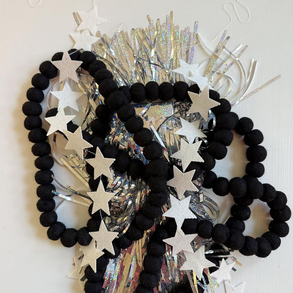 Black Felt Ball Garland, Wool Pom Pom Garland for Halloween Christmas Decor