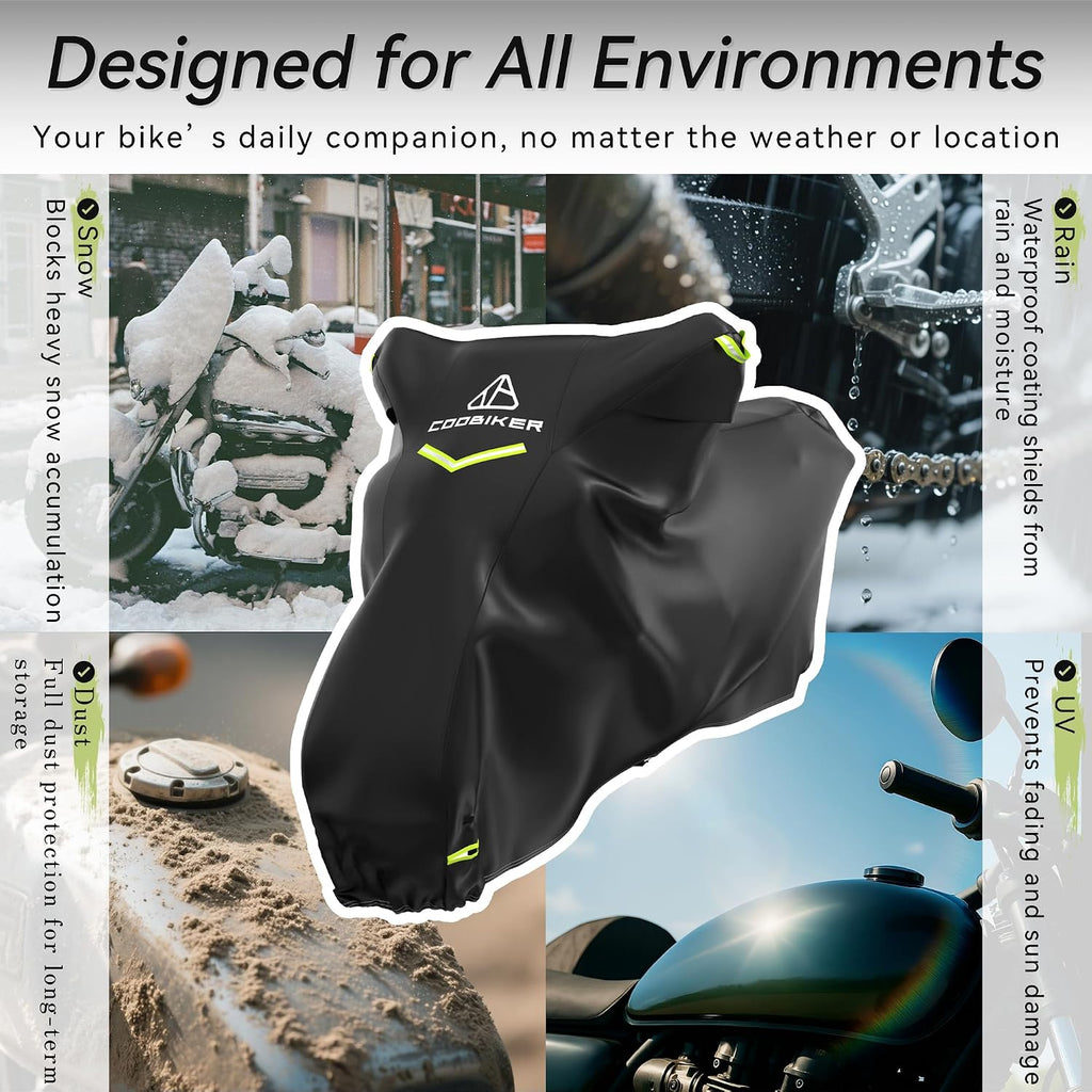 Motorcycle Cover 300D Waterproof Outdoor Night Reflective Breathable Vents All Season Rain Sun Dust Protection Universal Fit Powersports Vehicle Cover with Lock-Holes Fits up to 96.5"