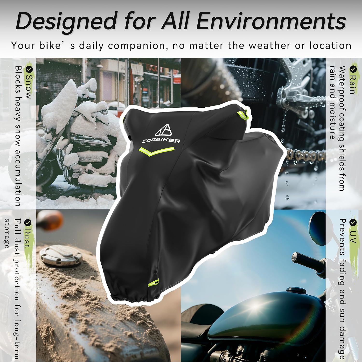 Motorcycle Cover 300D Waterproof Outdoor Night Reflective Breathable Vents All Season Rain Sun Dust Protection Universal Fit Powersports Vehicle Cover with Lock-Holes Fits up to 96.5"