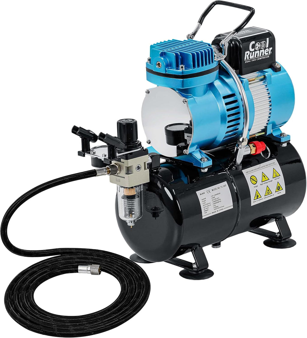 Master Airbrush 1/5 HP Cool Runner II Dual Fan Tank Air Compressor Kit Model TC-326T - Professional Single-Piston with 2 Cooling Fans, Runs Longer Without Overheating - Regulator Water Trap, Holder
