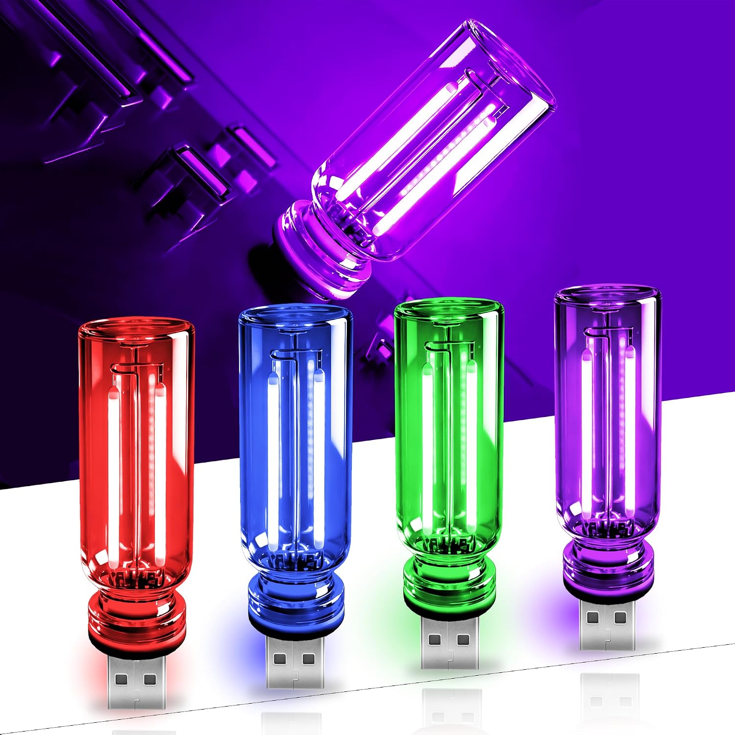 4 PCS USB Touch Dimmable Retro Glass Bottle Car Night Light | Portable design, 4 colors: Red Blue Green Purple, fits car interior, bedroom, hallway, indoor outdoor decor