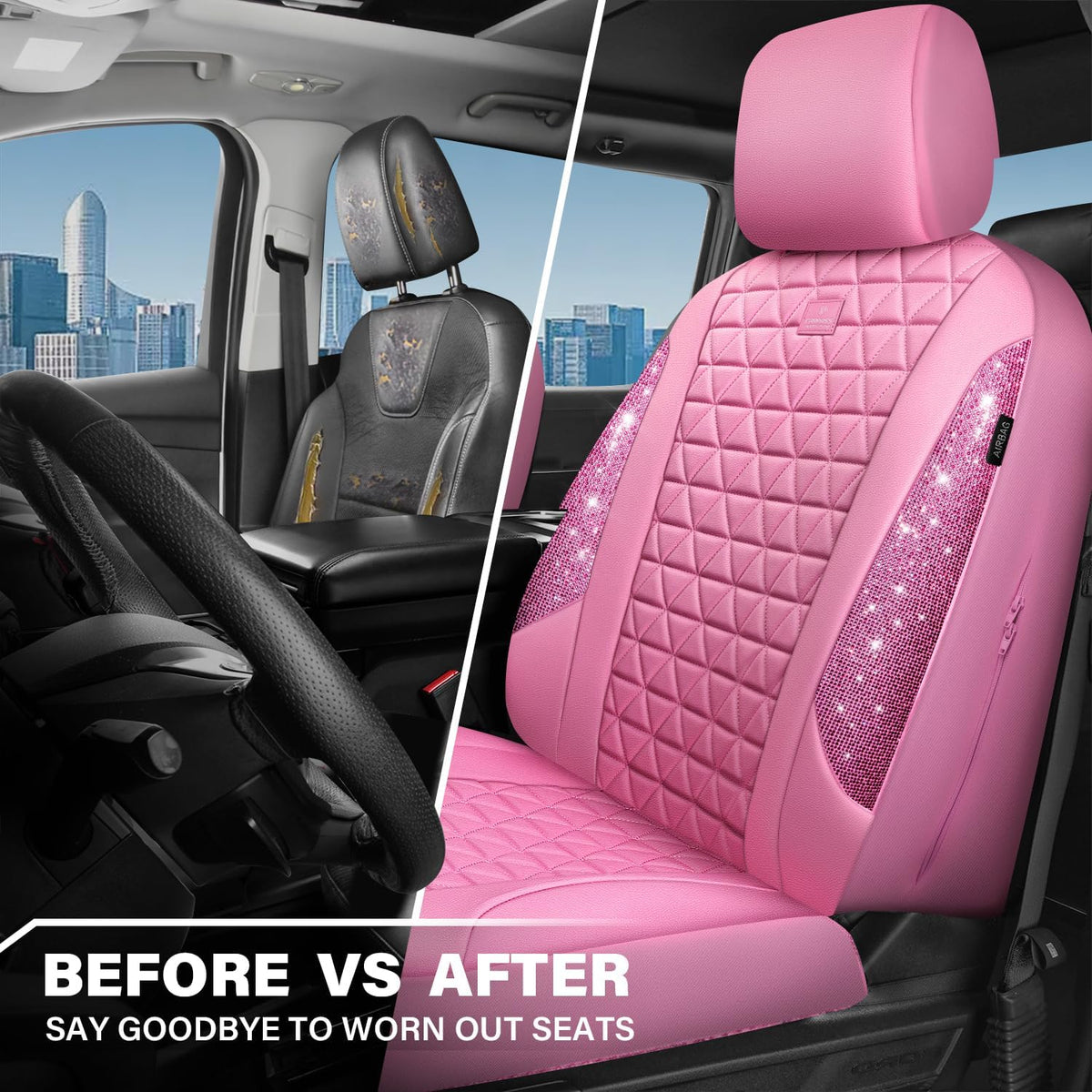 car pass bling diamond pink leather car seat, side view