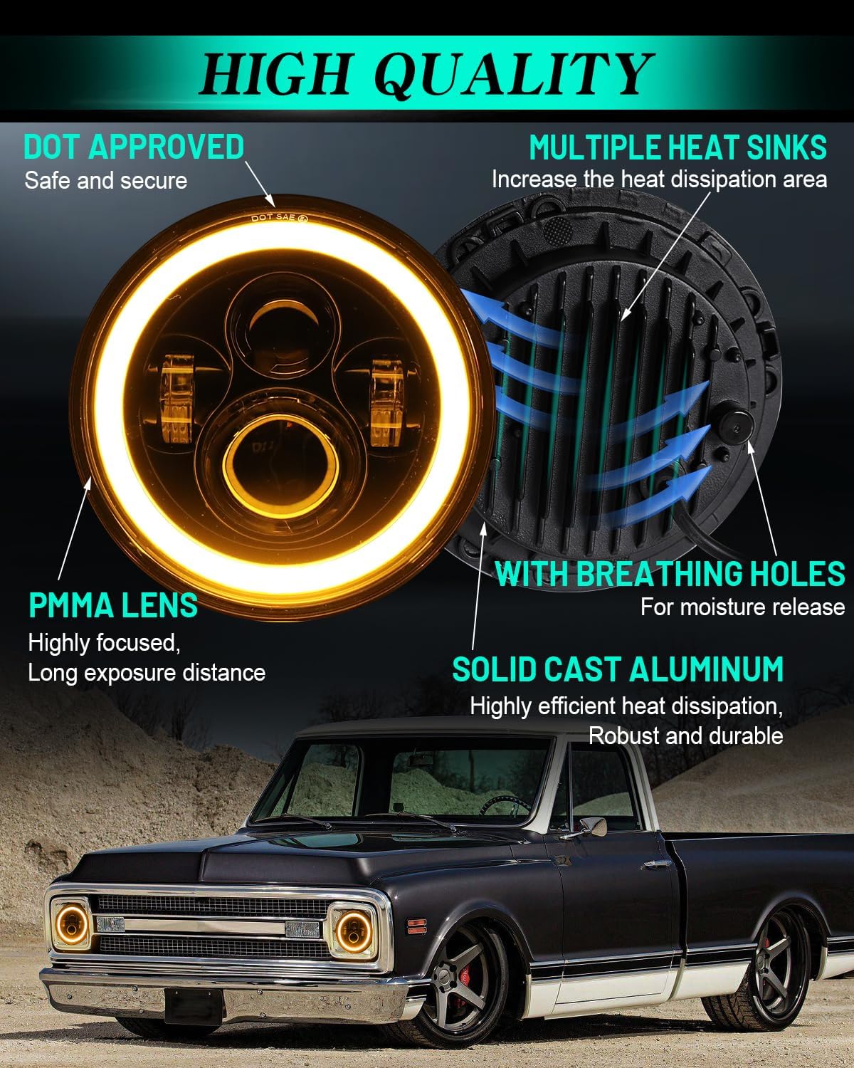 ZIMABLUE 7 inch led Headlight Round 2pc Projector 7 inch Halo led Headlight H6024 DOT Approved Hi/Lo Beam DRL Amber Turn Signal Compatible with Jeep Wrangler JK TJ CJ Compatible with Chevy and miata