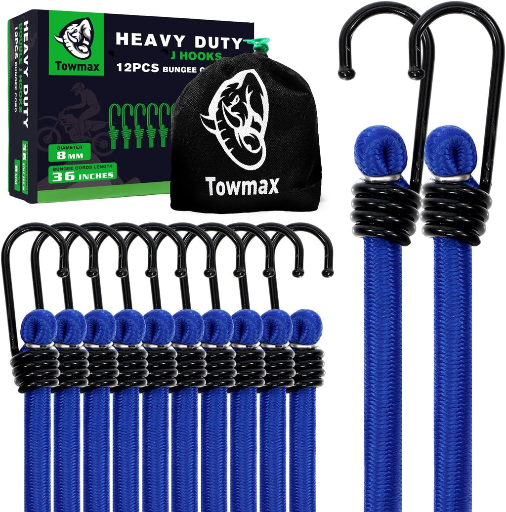 Bungee Cord with Hooks, 36" Bungee Cord Heavy Duty Outdoor, Industrial Grade Bungie Cord for Camping, Kayaking or Fastening Items 12 Pcs (Blue)