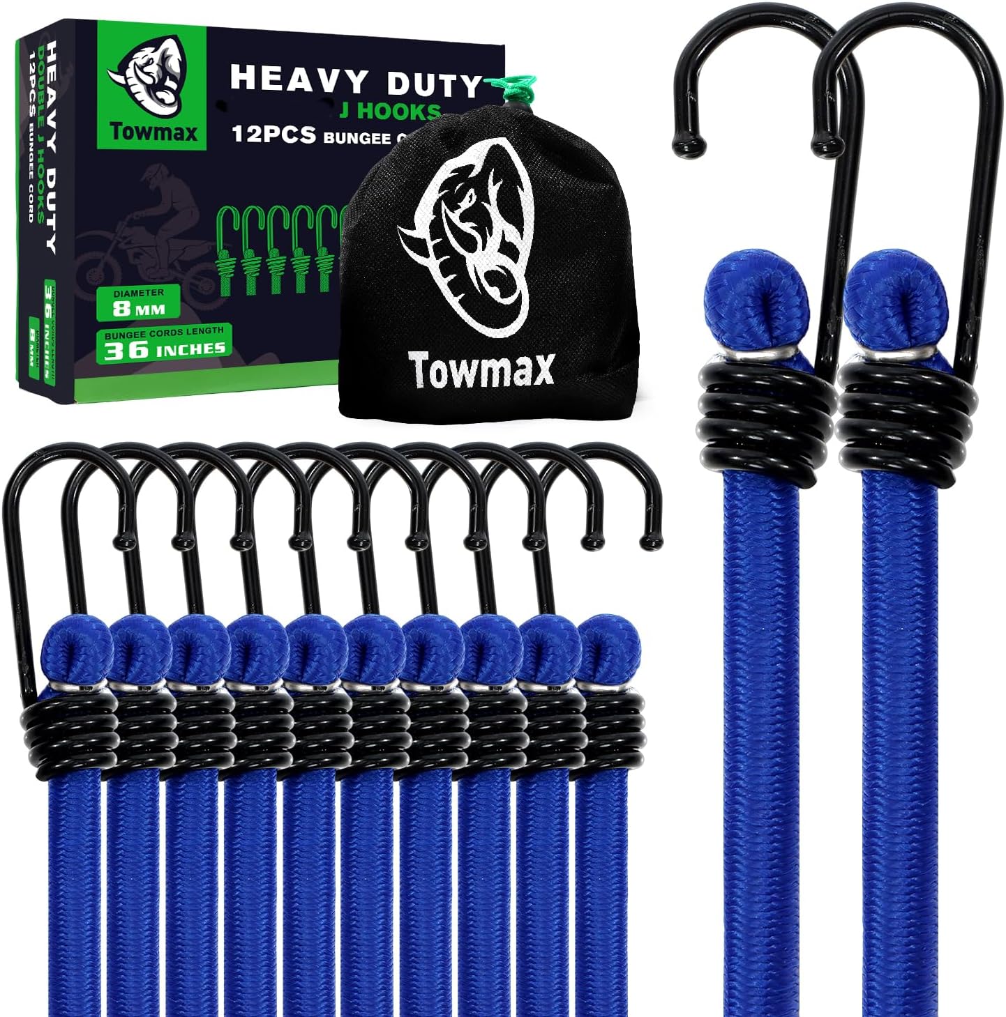 Bungee Cord with Hooks, 36" Bungee Cord Heavy Duty Outdoor, Industrial Grade Bungie Cord for Camping, Kayaking or Fastening Items 12 Pcs (Blue)