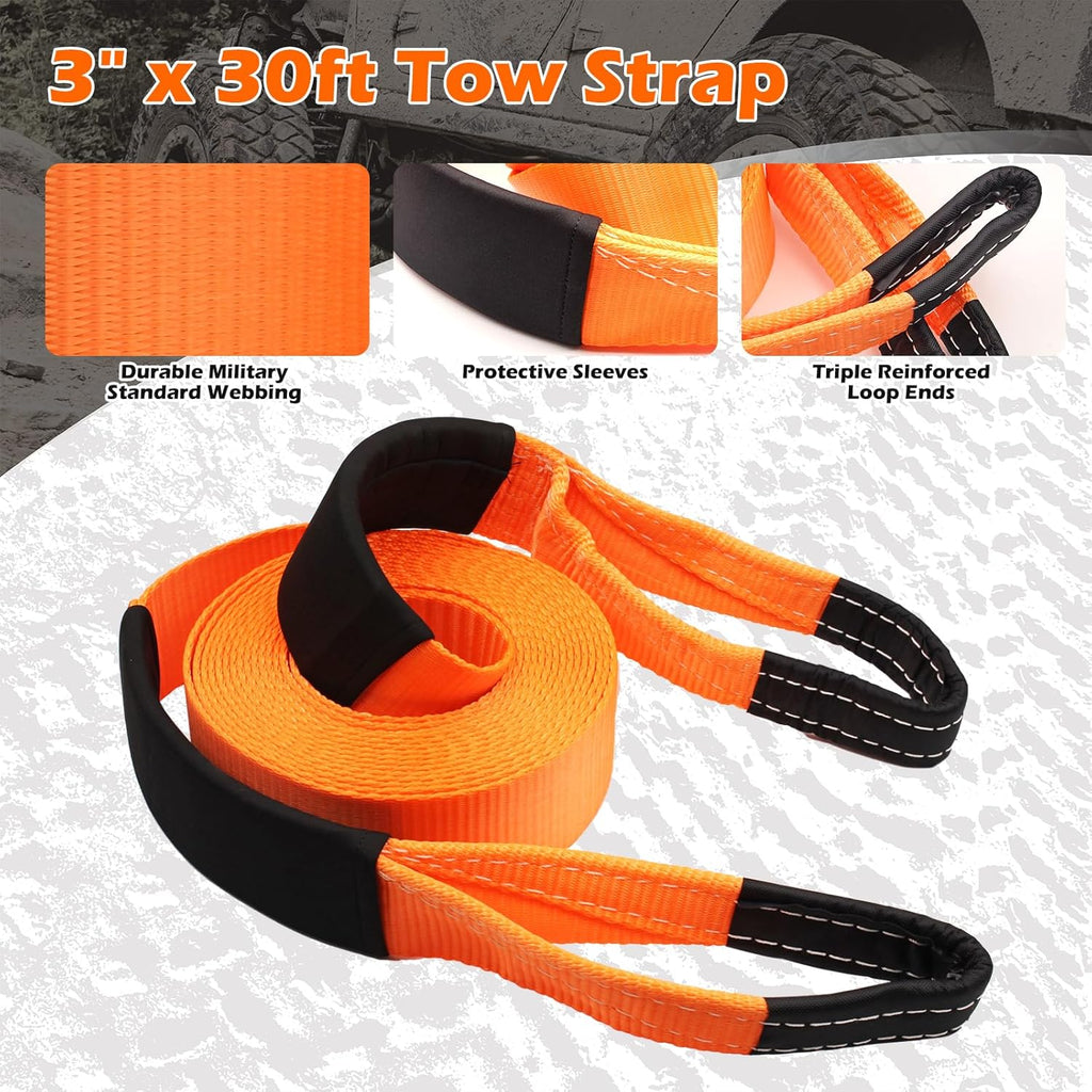 Offroad Recovery Strap Kit, 3" x 30ft Tow Strap+10 Ton Snatch Block Pulley+D Ring Shackles+Bag, 4x4 Winching Accessories