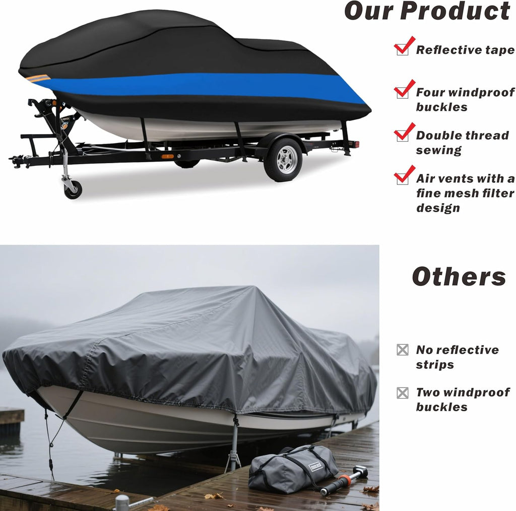 MORNYRAY Waterproof Jet Ski Cover - Heavy Duty Trailerable PWC Cover with Air Vents UV Resistant Compatible with Yamaha Seadoo K&S, Jet Ski Covers. (Blue, Fit from 115"-120" (1-3 Seater))